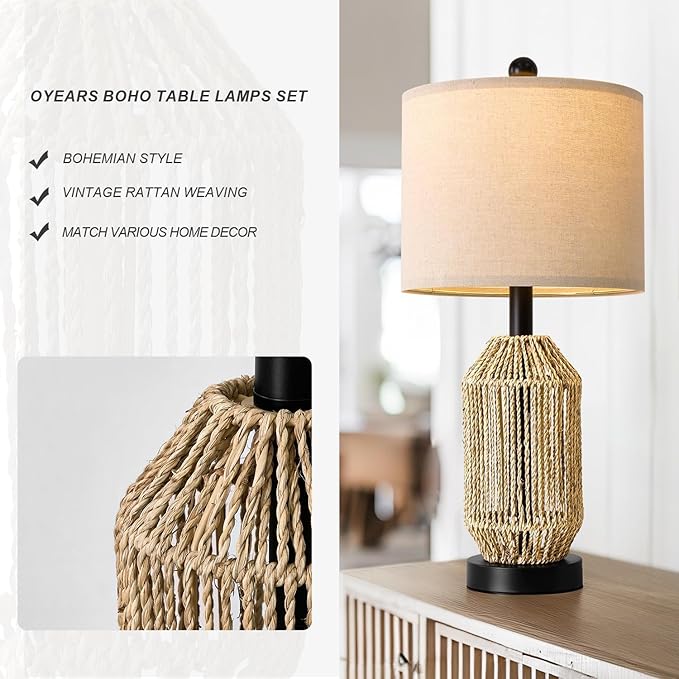 OYEARS 21" Boho Table Lamps Set of 2 for Living Room, Bedside Lamps for Nightstand, Rattan Lamp for Bedroom, Farmhouse Table Lamps for Boho Decor, End Table, Retro, Black