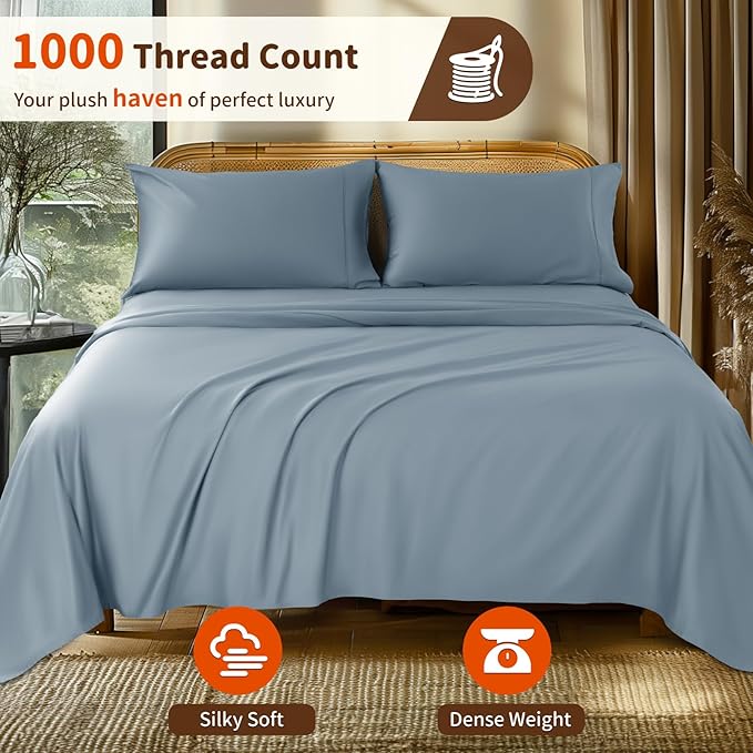 LBRO2M 1000 Thread Count 100% Egyptian Cotton Sheets Set Twin XL, 3 Piece Sets Bed Sheet Deep Pocket Sheet Set 16" Soft Comfortable All Season (Twin XL, French Blue)