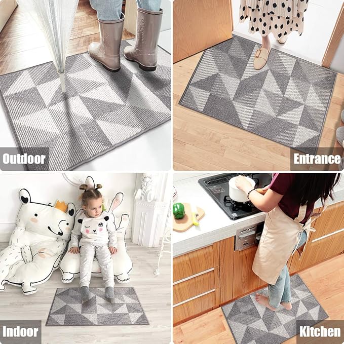 Indoor Doormat 20"x 32", Absorbent Front Back Door Mat, Rubber Backing Non Slip Floor Mats Inside Mud Dirt Trapper Outside Entrance Front Door Rug Carpet, Machine Washable Low Profile - Grey Geome