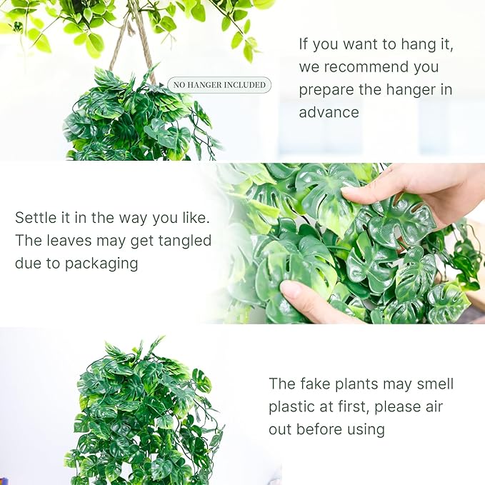 Artificial Hanging Plants for Shelf, 2-Pack Fake Potted Greenery Faux Monstera Leaves Vines in Black Pot, Décor for Office Living Room Bathroom Indoor Outdoor