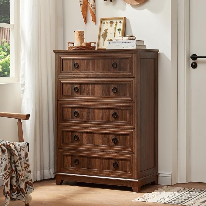 Farmhouse 5 Drawer Dresser for Bedroom, 42" Tall Small Dressers & Chest of Drawers, Rustic Wood Dresser with Metal Handle, Storage Organizer Closet for Living Room, Hallway, Entryway