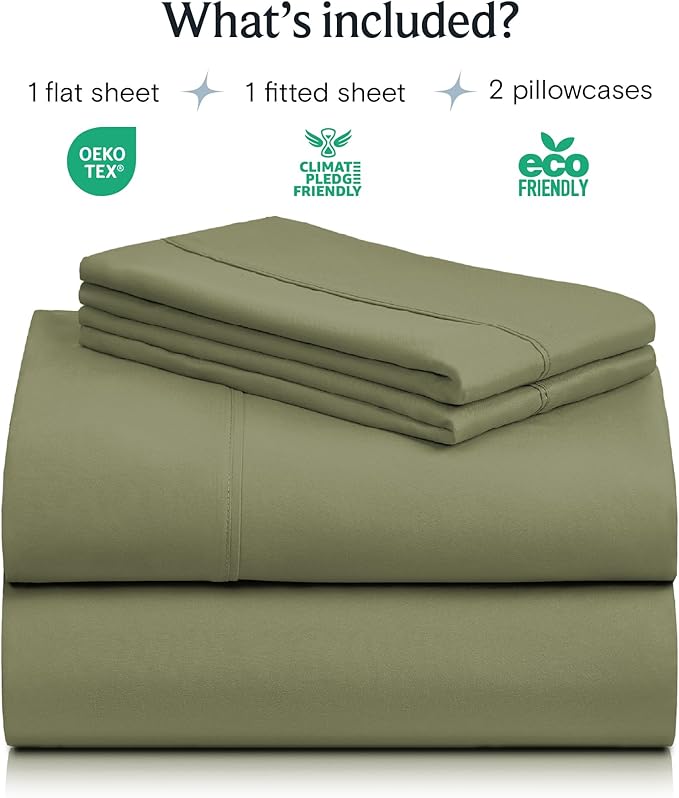 LuxClub 4 PC Queen Sheet Set, Deep Pockets Wrinkle Free Cooling Bed Sheets Hotel Bedding for Women, Men, Includes 1 Fitted Sheet, 1 Flat Sheet and 2 Pillowcases-Soft Olive