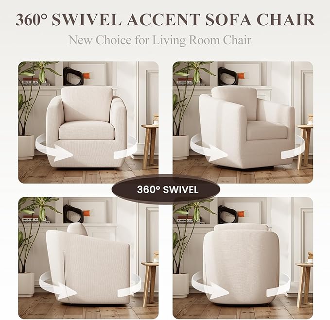 360° Swivel Accent Chair Set of 2 with Pillow - Comfy Living Room Armchair No-Sag Foam & Sturdy Metal Base, Fully Assembled Swivel Accent Single Sofa for Bedroom Living Room, Office, Beige