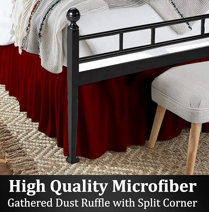 Ruffled Bed Skirt with Split Corners, Burgundy, Full 12 Inch Drop Bedskirt, Hotel Quality Brushed Microfiber Wrinkle Free Dust Ruffle Bed Skirt Full Size