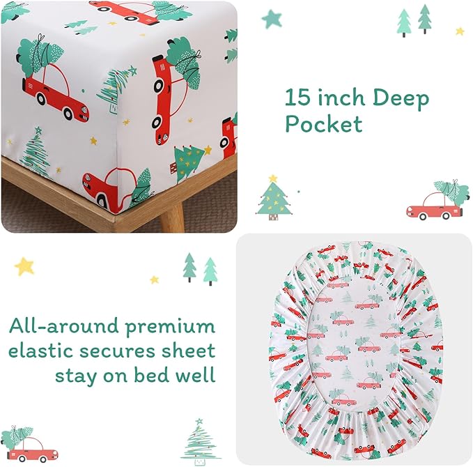 JSD Red Cars Christmas Kids Sheet Set Full Size, 4 Piece Soft Holiday Printed Microfiber Bed Sheets Deep Pocket