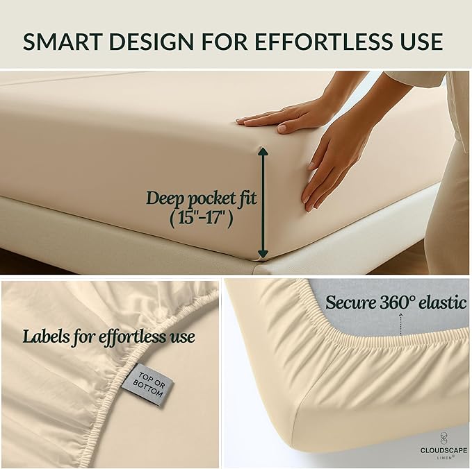 Cloud Scape Linen 100% Egyptian Cotton California King Sheet Set, 400 Thread Count,4 Pieces Luxury Bedding Set, Hotel Quality, Silky Soft, Breathable and Durable, Deep Pockets up to 17, Ivory