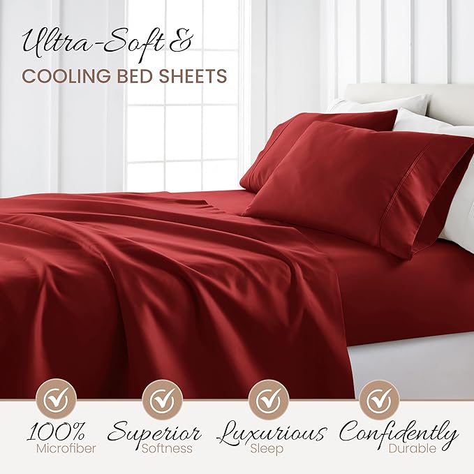 Linen Market Brushed Microfiber King Sheet Set 4 Piece – Oeko-TEX Certified Ultra Soft & Wrinkle-Free - 16" Deep Pocket Sheets - Easy Care King Size - Burgundy