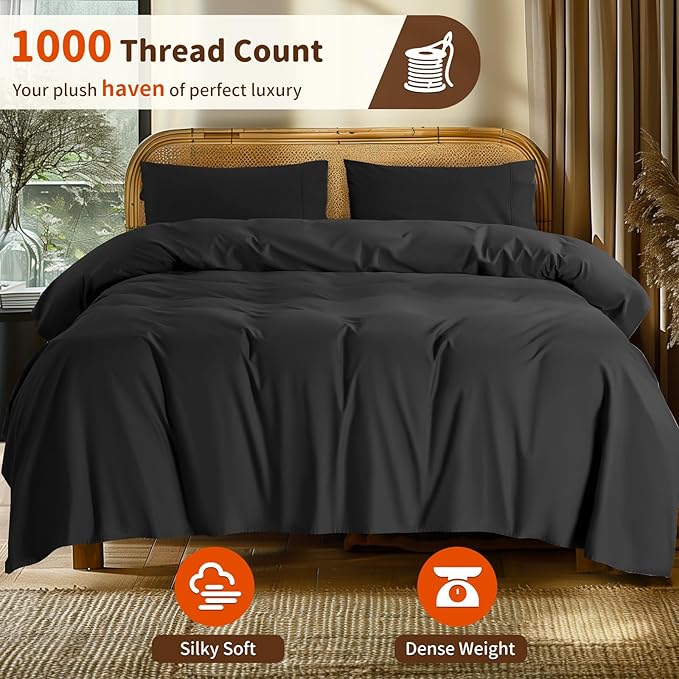 LBRO2M 1000 Thread Count 100% Egyptian Cotton Sheets Set Twin, 3 Piece Sets Bed Sheet Deep Pocket Sheet Set 16" Soft Comfortable All Season (Twin, Black)