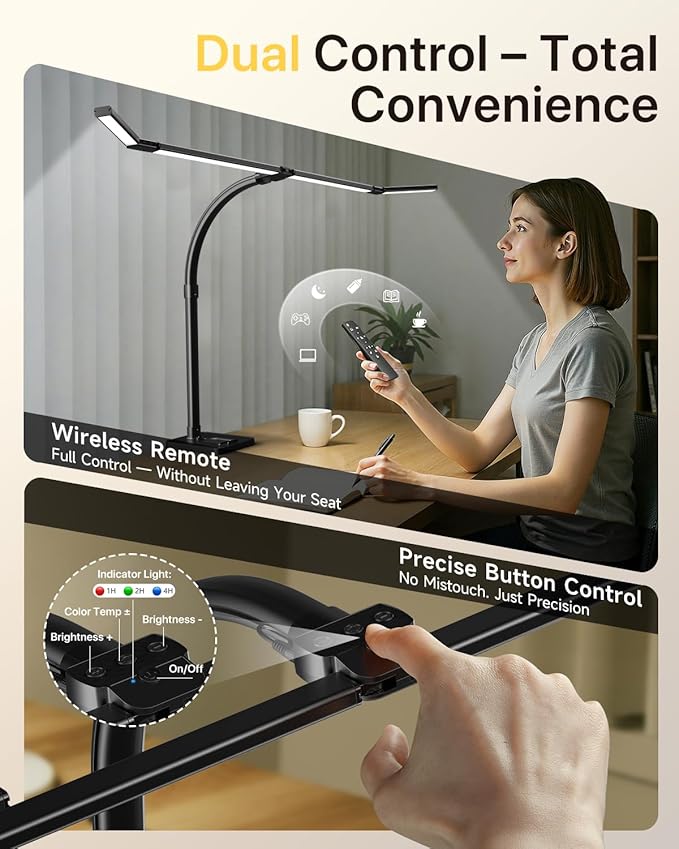 ONEMIX 42" LED Desk Lamp for Home Office, Eye-Caring Desk Light with Adjustable 4-Segment Bar, 1800LM Bright, Remote, Architect Table Lamp with Base for Dual Monitors, Reading, Study, Workbench(Black)