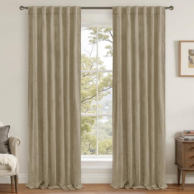LAMIT Velvet Curtains 102 Inch for Living Room, Thick Thermal Insulated Drapes Room Darkening Country Decor Back Tab and Rod Pocket Panels for Bedroom, 2 Panels, Dark Taupe, 52 x 102 Inch