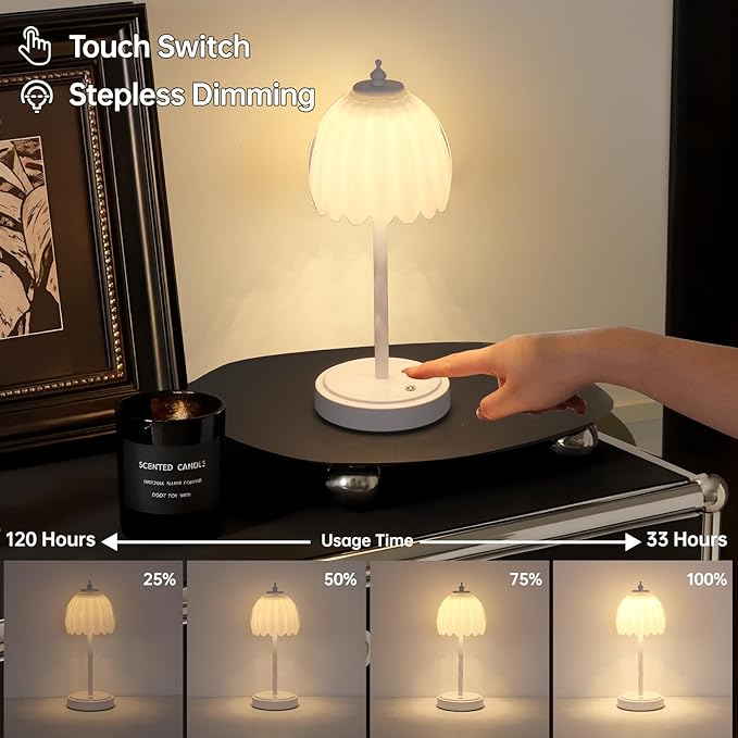 Tulip Table Lamp with 5200mAh Battery & Touch Control, Cordless Small Table Lamp with 3 Colors, Dimmable Rechargeable Table Lamps for Living Room, Bedroom, Bedside (White Tulip & White Base)
