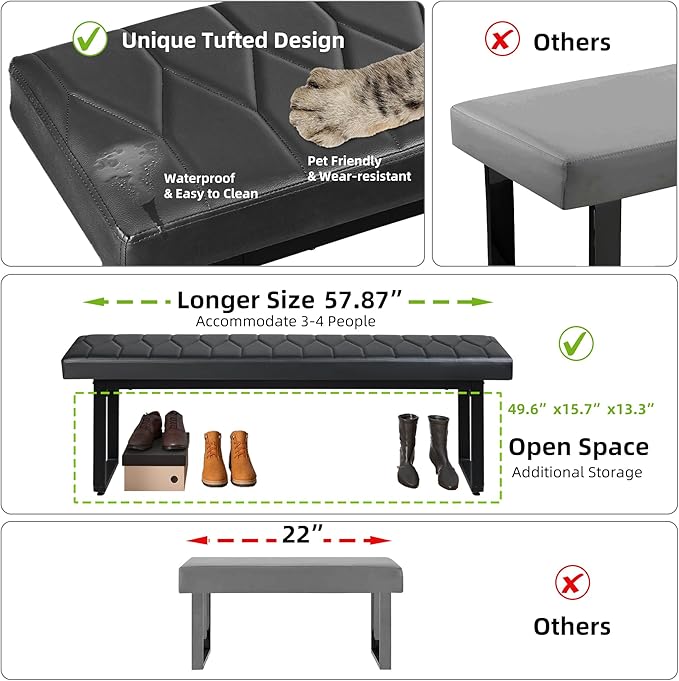 STHOUYN 58” Padded Dining Table Bench Pair of 2 for 6-8 Person, Faux Leather Indoor Cushioned Extra Long Bench for Dining Room Table, Bedside Shoe Entryway Benches (Black, 58")