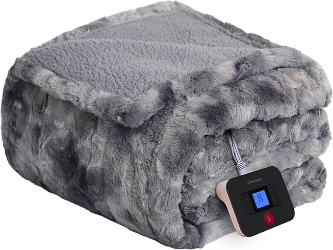 Westinghouse Electric Blanket Twin, Faux Fur Heated Blanket with 10 Heating Levels & 1-12 Hours Auto Off, Soft Cozy Sherpa Heated Blanket Washable Blanket (62" x 84" Twin Size, Grey)