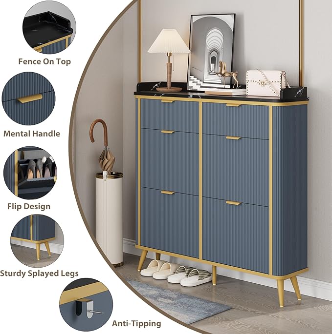Fluted Shoe Cabinet Storage, Modern Slim Shoe Organizer Cabinet with 4 Flip Drawers & 2 Drawers, Wooden Freestanding Shoe Rack Cabinets for Entryway, Foyer, Hallway, Navy Blue