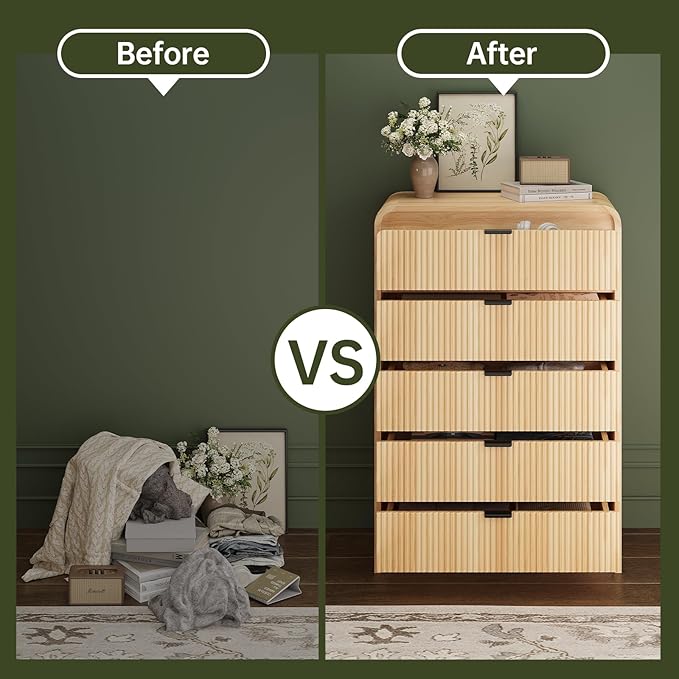 FURSUN Fluted 5 Drawers Dresser for Bedroom, 48" Tall Wooden Modern Dresser with Metal Handle, Curved Profile Design, Storage Organizer for Bedroom, Living Room, Hallway, Natural Oak