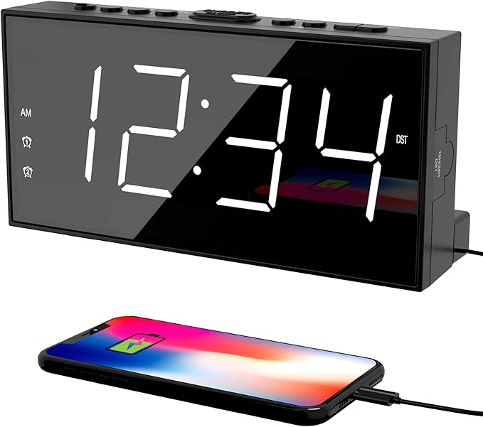 PPLEE Alarm Clock for Bedroom, 2 Alarms Loud LED Big Display Plug in Simple Basic Digital Clock with USB Charging Port, Adjustable Volume, Dimmable, Snooze for Deep Sleepers Kids Elderly Home Office