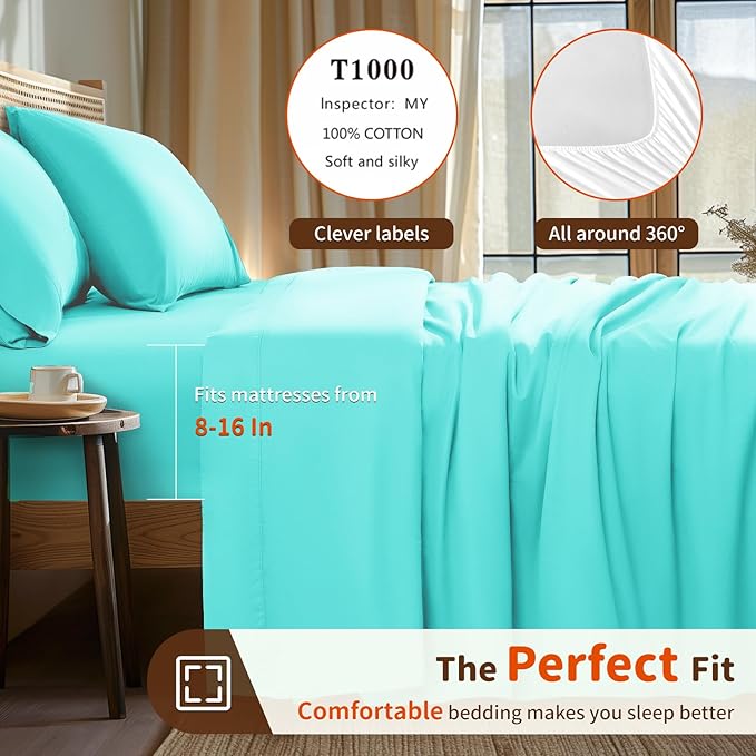 LBRO2M 1000 Thread Count 100% Egyptian Cotton Sheets Set Twin, 3 Piece Sets Bed Sheet Deep Pocket Sheet Set 16" Soft Comfortable All Season (Twin, Lake Green)