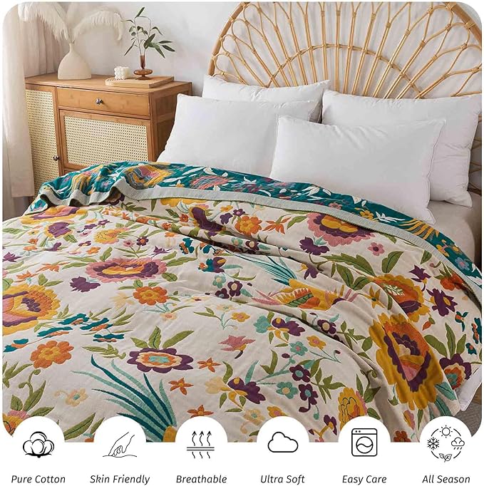 Qidordour Boho Throw Blanket, 80"x90" Muslin Blankets, 100% Organic Cotton Blanket for Couch Sofa, Lightweight Quilt, All Season Bed Throw, Farmhouse Home Decor, C-Phoenix Floral