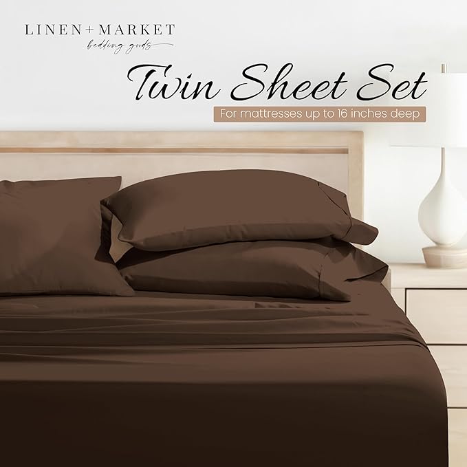 Linen Market Bed Sheets for Twin Size Bed (Chocolate) - Sleep Better Than Ever with These Soft and Cooling Twin Sheets - Deep Pocket Fits 16" Thick Beds - 3 Piece Twin Sheet Set
