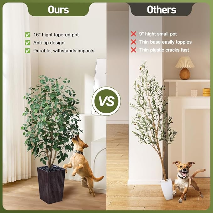 5ft Artificial Ficus Tree,Tall Faux Tree with Silk Leaves & Real Wood Trunk,UV Resistant Potted Fake Plant with Pebbles & Planter,Indoor Outdoor Floor Plant for Home,Living Room,VN129