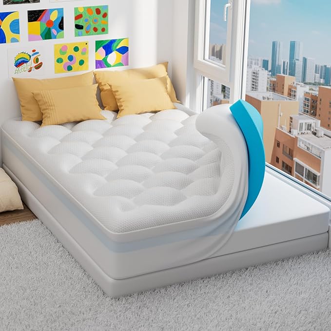 OhGeni Cooling 4 inch Dual Layer Full Mattress Topper, 2 inch Cooling Gel Memory Foam, 2 inch Down Alternative Pillow Top Pad, Mattresses Cover for Bed, Medium Support, Fits 6”-19” Deep Pocket