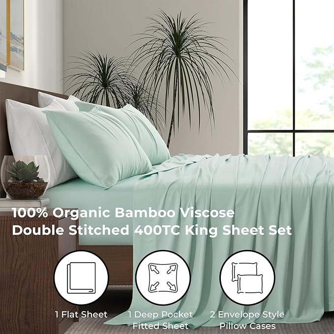 Luxury Bamboo Market | King Size Bed Sheet Set | 100% Viscose Made from Bamboo | Organically Grown | Ultra Soft | Cooling Sheets for Hot Sleepers | 17" Deep Pocket [Coastal Green]