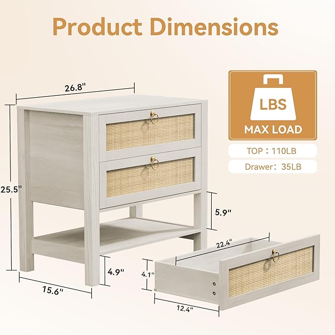 White Night Stand Set of 2 with 2 Drawers and Storage Shelf, 26” Tall Boho Nightstand, Wood Large Bedside Table for Bedroom, Side Table, White