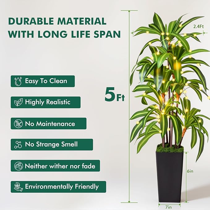 Artificial Dracaena Tree Indoor, 5Ft Faux Plants Indoor with Black Tall Planter - Faux Yucca Tall Fake Floor Plant in Pot - Artificial Plant for Home Office Living Room Decor Indoor