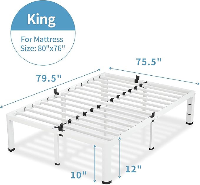12 Inch White King Size Bed Frame, 3500Lbs Heavy Duty Metal Platform with Round Corner Legs Mattress Slide Stopper, Steel Slat Support No Box Spring Needed, Noise Free, Non-Slip, Easy Assembly