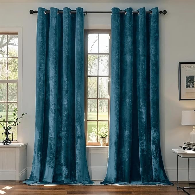 SMILETIME Tranquil Blue Crushed Velvet Curtains 52x90 inch Luxurious Thermal Insulated Soundproof Drapes for Living Room Bedroom Office Soft and Durable Light-Filtering Window Treatments, 2 Panels