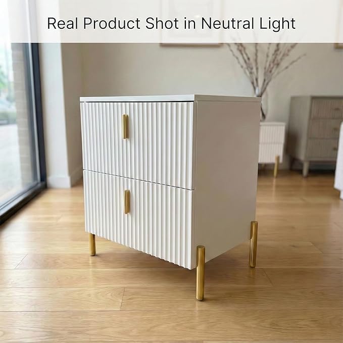 Luxury Fluted Night Stand, Nightstand with 2 Drawers, Modern Bedside Table with Golden Legs and Handles, End Tables for Living Room Bedroom, White
