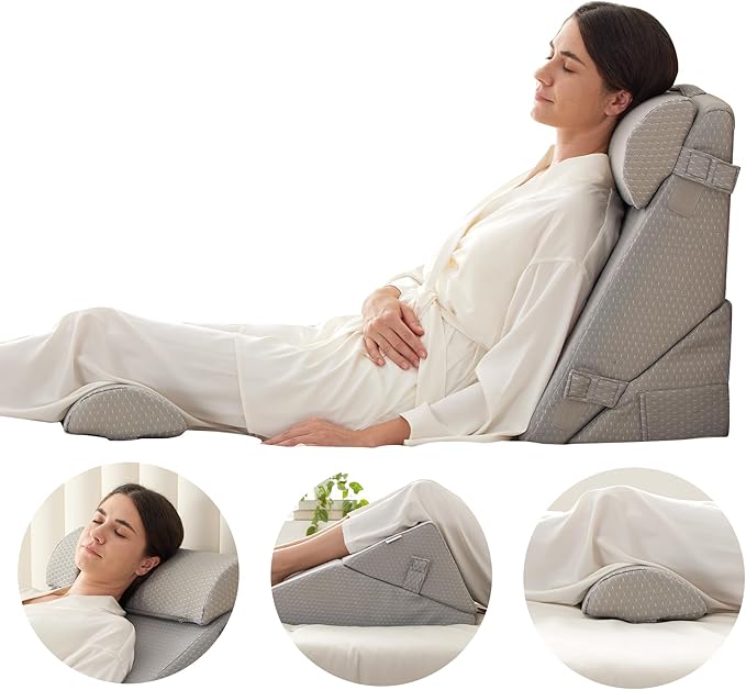Bedluxe Adjustable 4pcs Bed Wedge Pillow Set, Memory Foam Wedge Pillows Post Surgery for Back, Neck, Leg Pain Relief, Pillow Wedge for Sleeping, Sitting up in Bed, Acid Reflux and GERD, Grey