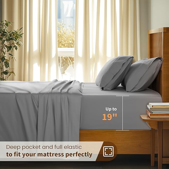 LBRO2M 100% Cotton Sheets Set Deep Pocket 19", 1000 Thread Count King Size 4 Piece Bed Sheet Sets Soft Comfortable Bedding All Season (King, Gray)