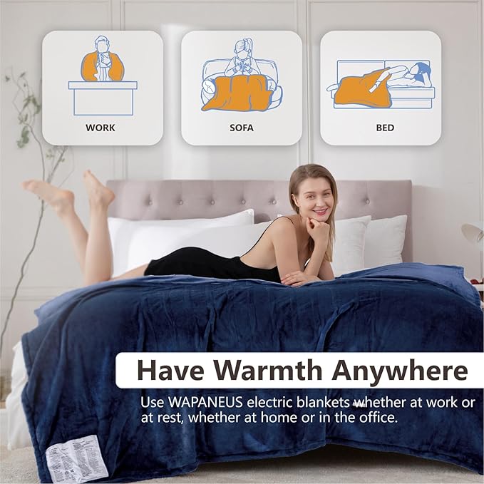 Wapaneus Heated Blanket Electric Blanket 62" x 84" Twin Size with 10 Heating Levels and 12 Hours time Settings, Flannel Fast-Heating Electric Blanket, ETL Listed, Machine Washable,Dark Blue