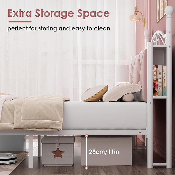 Queen Upholstered Canopy Bed Frame with 2 Drawers & Crystal Tufted Storage Headboard Two-Purpose Metal Platform Bed with 4 Removable Posts & Charging Station Pink Princess Bed, Curtain Not Included