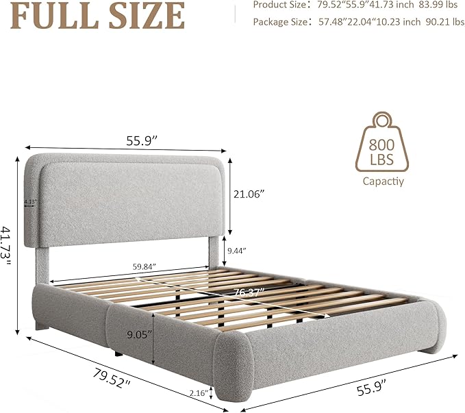 Full Size Platform Bed Frame with Headboard, Boucle Upholstered Desige, Anti-Collision Corners, Soft Rounded Corners, No Box Spring Required, Easy Assembly, Noise Free