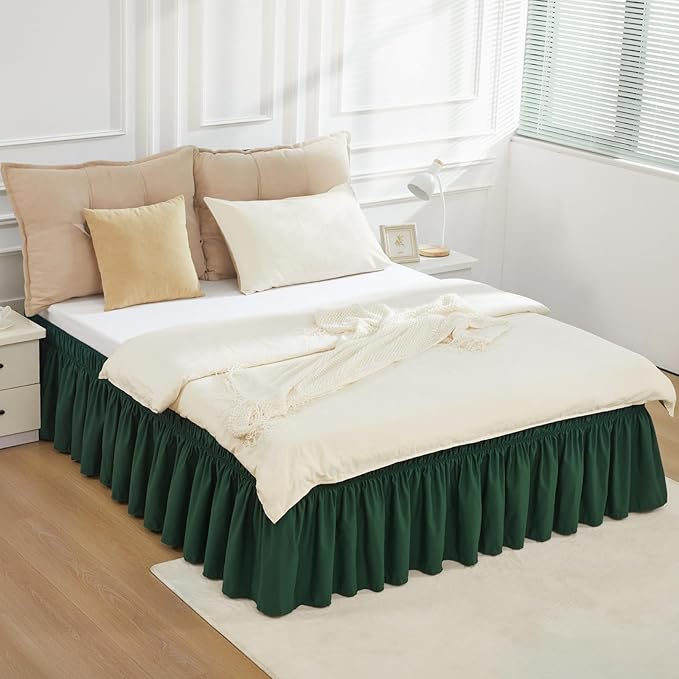 RIMELA Dark Green Bed Skirt Queen Size 15 Inch Drop, Elastic Bed Skirting for Bed Base and Frame, Bedding Dust Ruffle Easy to Install, Lightweight Wrap Around Adjustable Bedskirt
