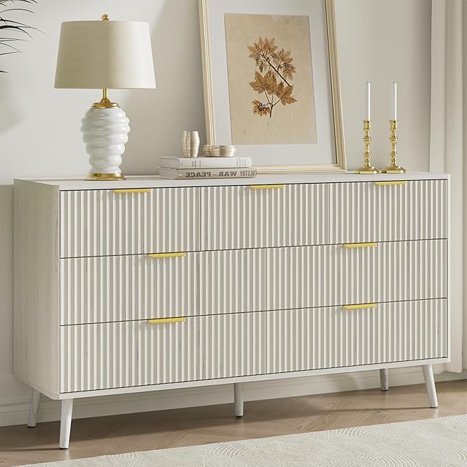 LYNSOM 55" Wide Fluted Dresser for Bedroom with 7 Drawer, Modern Chest of Drawers with Curved Profile Design and Metal Handles, Wood Dresser TV Stand & Storage Organizer for Living Room, White