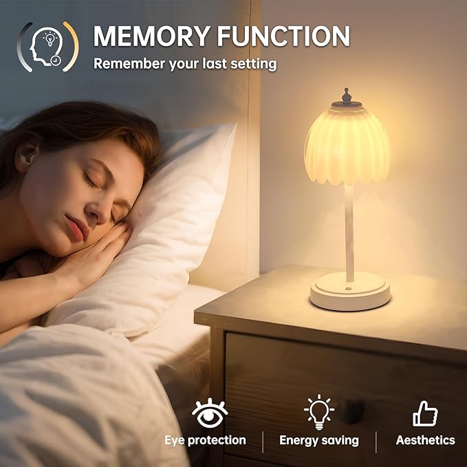 Tulip Table Lamp with 5200mAh Battery & Touch Control, Cordless Small Table Lamp with 3 Colors, Dimmable Rechargeable Table Lamps for Living Room, Bedroom, Bedside (White Tulip & White Base)