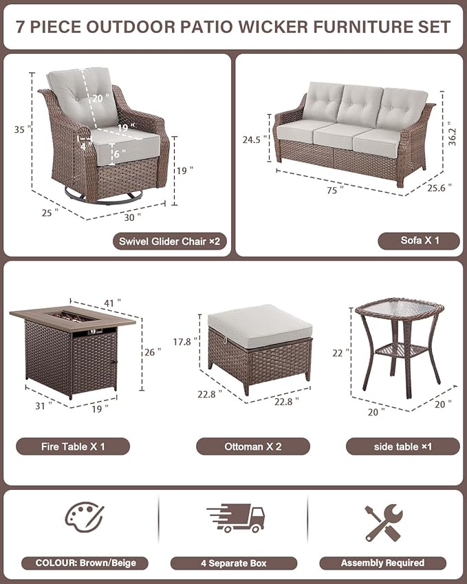 Belord Luxurious 7 Piece Patio Furniture Set with Fire Pit Table, High Back Wicker Swivel Rocker Glider Outdoor Chairs with 6" Cushion, All-Weather Patio Conversation Set for Yard Garden - Brown/Beige