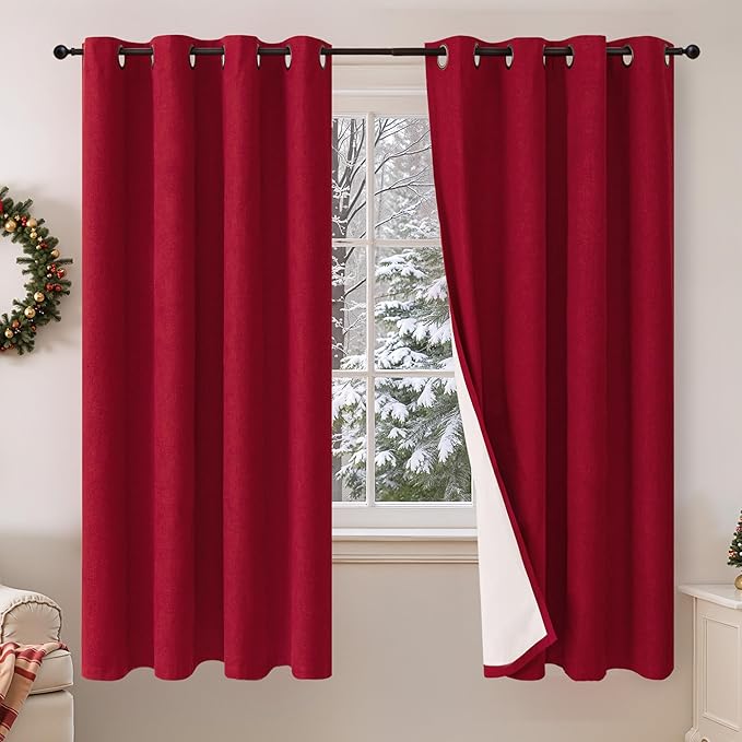 Red Christmas 100% Linen Blackout Curtains 63 Inch Long 2 Panels, Thick Heavy Thermal Insulated Cold Blocking Noise Reducing Window Curtains for Winter Decoration, Each 52x63 Inch 2 Panels