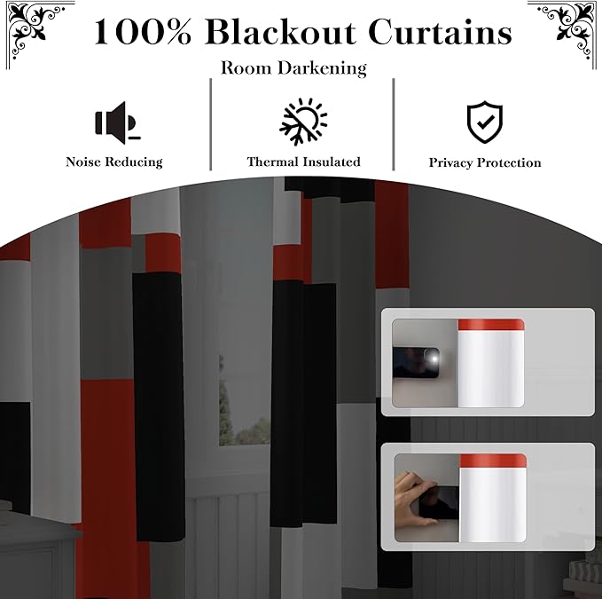 Red Black 100% Blackout Curtains 45 inch Length 2 Panels Set White Grey Modern Abstract Geometric Drapes for Kitchen Black Out Curtains Insulated Room Darkening Small Window Curtains, 52Wx45L