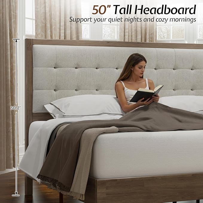 Jocisland Wood King Size Bed Frame,Tall Upholstered Tufted Headboard, Solid Wood Platform, No Box Spring Needed, Ash Gray