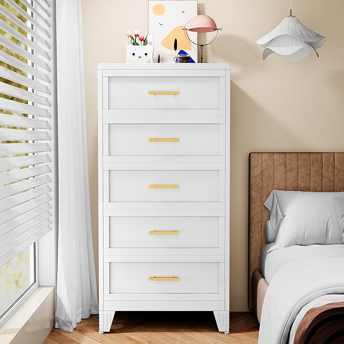 Metal Narrow Dressers & Chest of Drawers, White Tall Dresser for Bedroom, 5 Drawer Dresser with Curved Corner, Bedroom Dressers with Drawers, Storage Cabinet (White, 24" W)