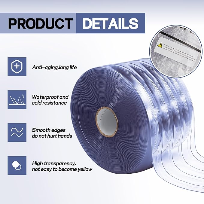 Moukeren Plastic Door Curtain for Winter 100 ft x 8 Inch Thermal Insulated Garage Door Strip Curtains Smooth Waterproof Clear PVC Strip Curtain for Warehouse Freezer Garage, 0.08" Thickness(Striped)