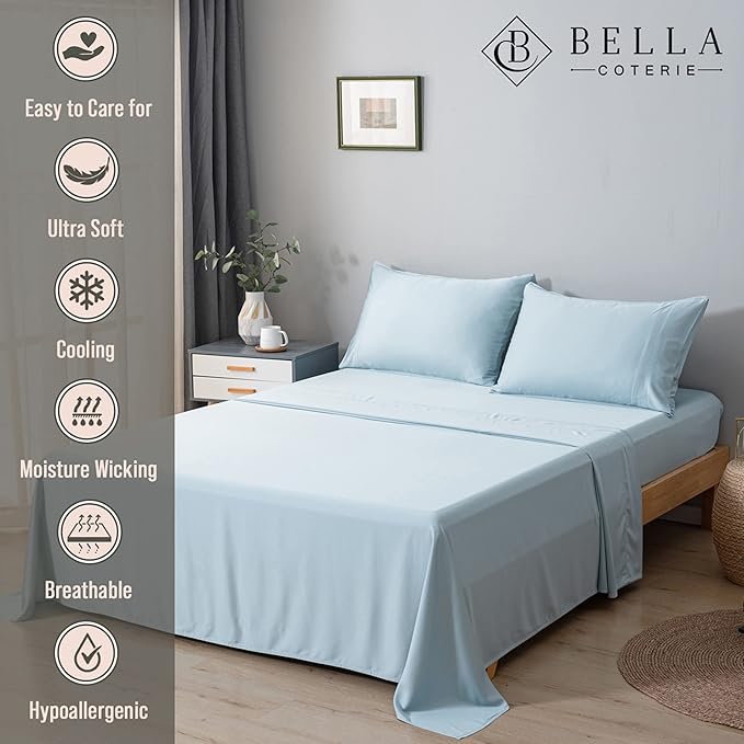 Bella Coterie Luxury Bamboo Viscose 34” Split Top King Size Sheet Set | 1 Fitted Sheet for Sleep Number & Adjustable Beds | 100% Organically Grown | Cooling & Soft | 18” Deep Pocket [Coastal Blue]
