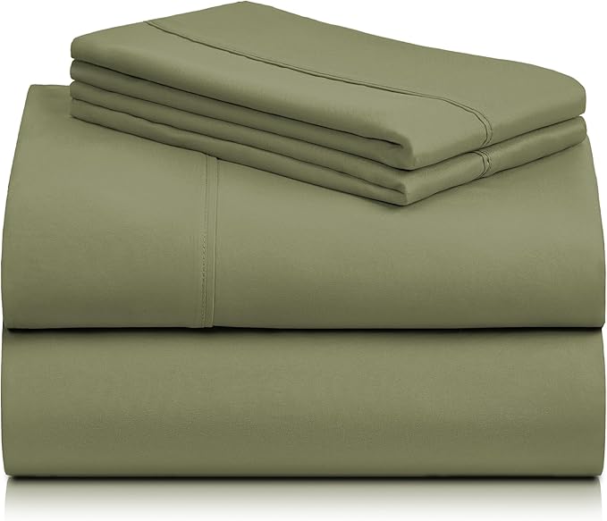 LuxClub 4 PC Queen Sheet Set, Deep Pockets Wrinkle Free Cooling Bed Sheets Hotel Bedding for Women, Men, Includes 1 Fitted Sheet, 1 Flat Sheet and 2 Pillowcases-Soft Olive