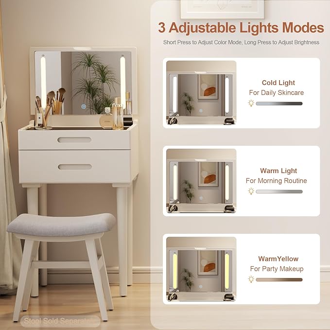 Solid Wood Small Vanity Desk with Mirror and Lights, Narrow Makeup Vanity for Small Space, Flip Top Vanity Side Table, 3 Color Modes & Adjustable Brightness, 19.6" Slim Dressing Table, White