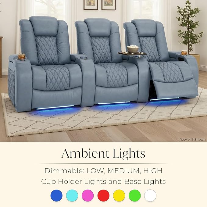Seatcraft Diamante Zero-Gravity CoolZero Italian Leather Home Theater Seating, Power Headrest, Power Recline, Row of 5, Smokey Blue