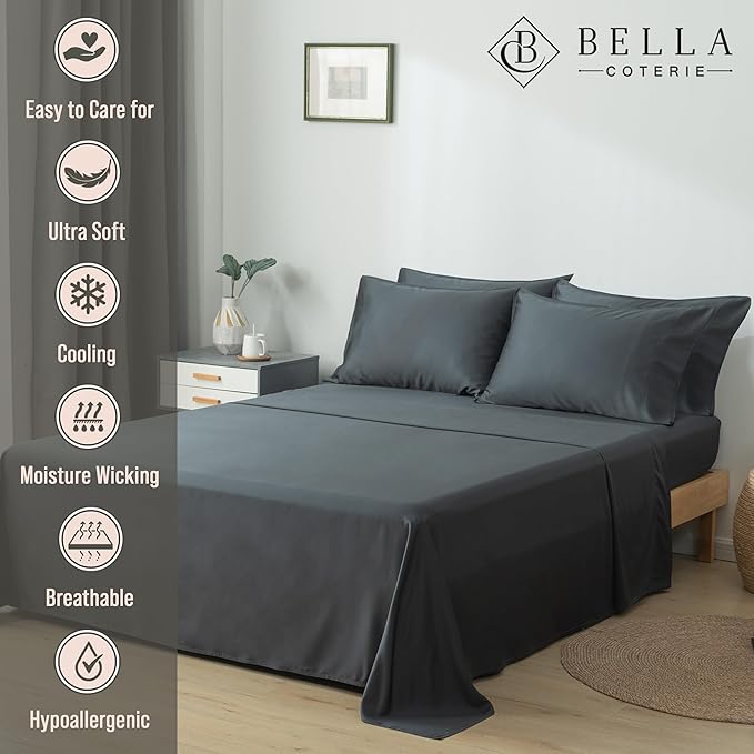 Bella Coterie 6 Piece Luxury Bamboo Viscose King Size Sheet Set | 100% Organically Grown | Cooling for Hot Sleepers | 18" Deep Pocket | Soft & Hypoallergenic | 4 Pillowcases [Charcoal Grey]